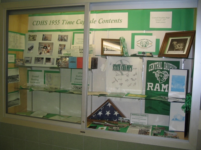 Display case in the new high school building - Time Capsule Contents and items from the 50th Anniv. Event.