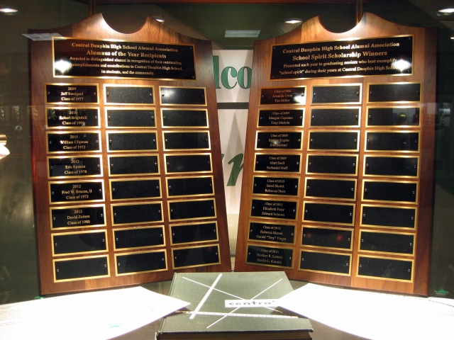 Perpetual plaques are engraved with the names of all past recipients.