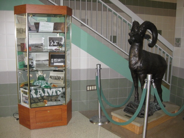 The Alumni Association purchased a display case.  It sits in the aud/gym lobby, next to the Class of 2006 ram.