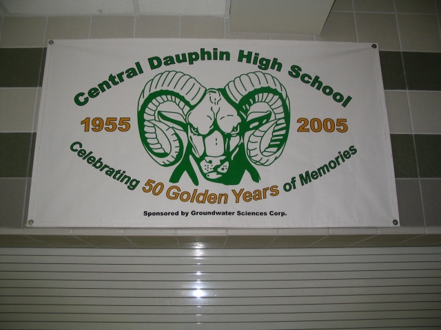 This 50th Anniversary commerative banner was donated by Groundwater Services through the Alumni Assoc. and hangs in the Auditorium/Gymnasium lobby of the new school.