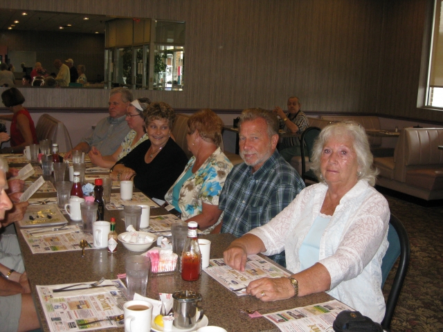 Art Keeler 66 (at far end of table)and his wife came from Florida to have breakfast with us.  Also at this side of the table:  Loretta Paul Hershey 60, Carolyn Sease Kramer 60, Herb Wragg 58 & Sis Wragg.
